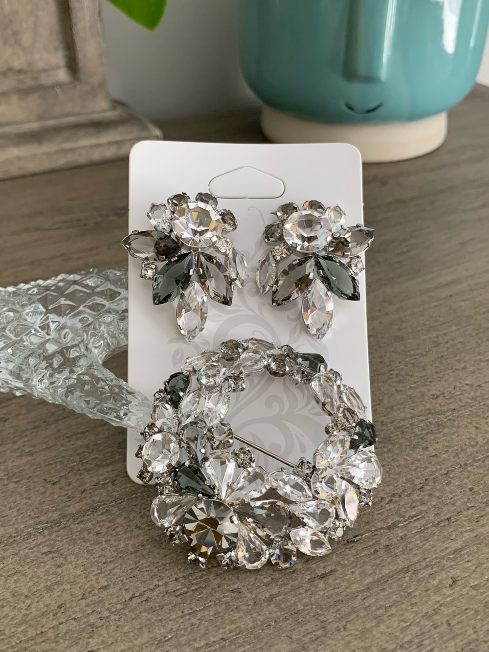 Vintage Signed Austria Crystal Glass Smokey Gray Brooch Pin Clip Earrings Set